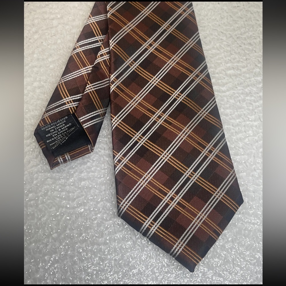 STAFFORD Mens Polyester Necktie Orange Copper Brown With Clip NWT